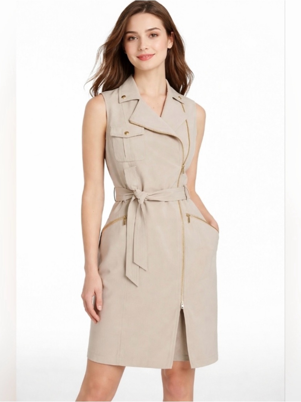 Calvin Klein Sleeveless Beige Belted Dress
